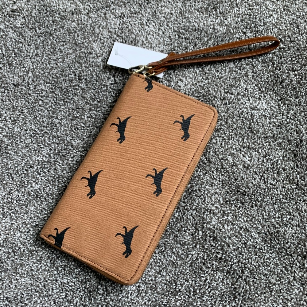 Tan Canvas and Vegan Leather Wristlet Dino Wallet
